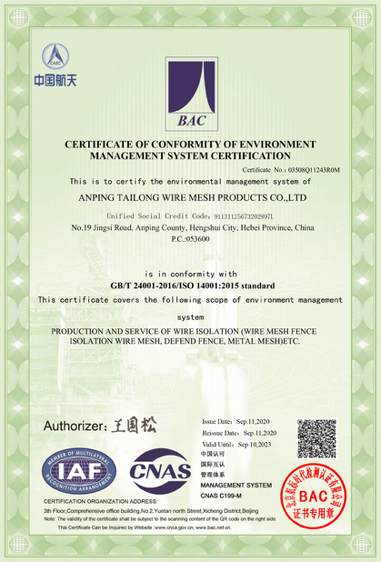 Çin Anping Tailong Wire Mesh Products Co., Ltd. Sertifikalar